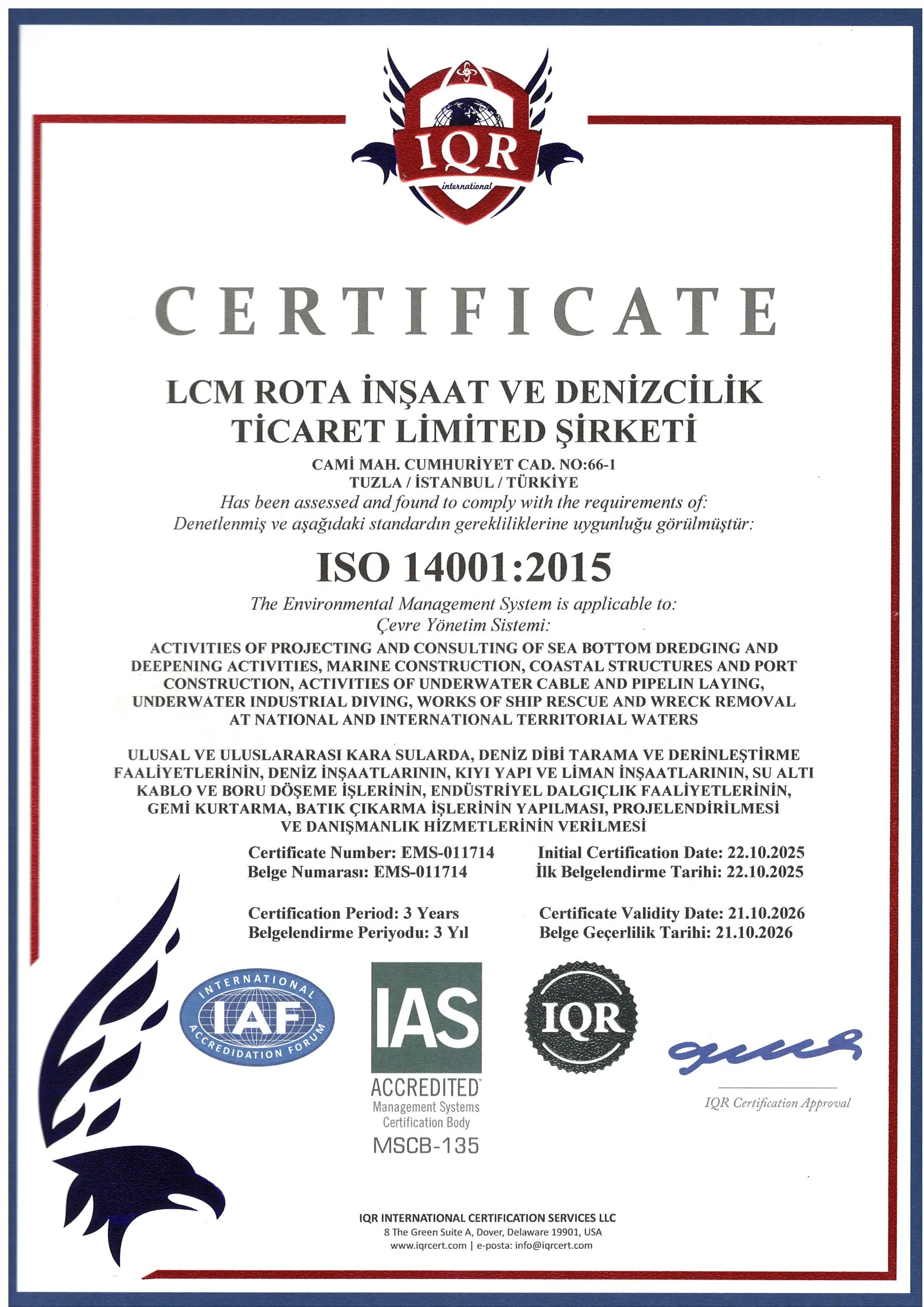 LCM Rota Denizcilik ISO 14001 Belgesi